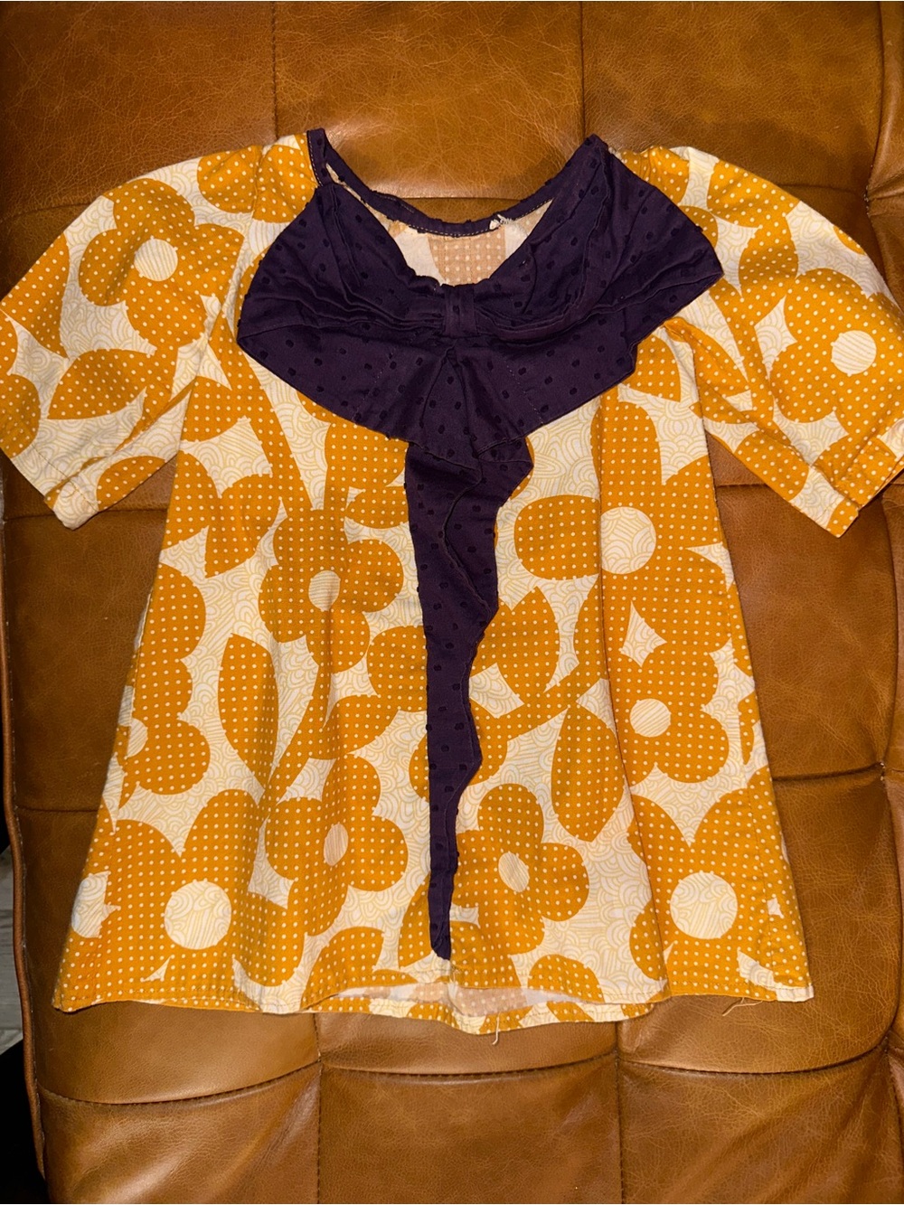 Girls' Mustard Floral Casual Dress with Purple Ruffle Accent